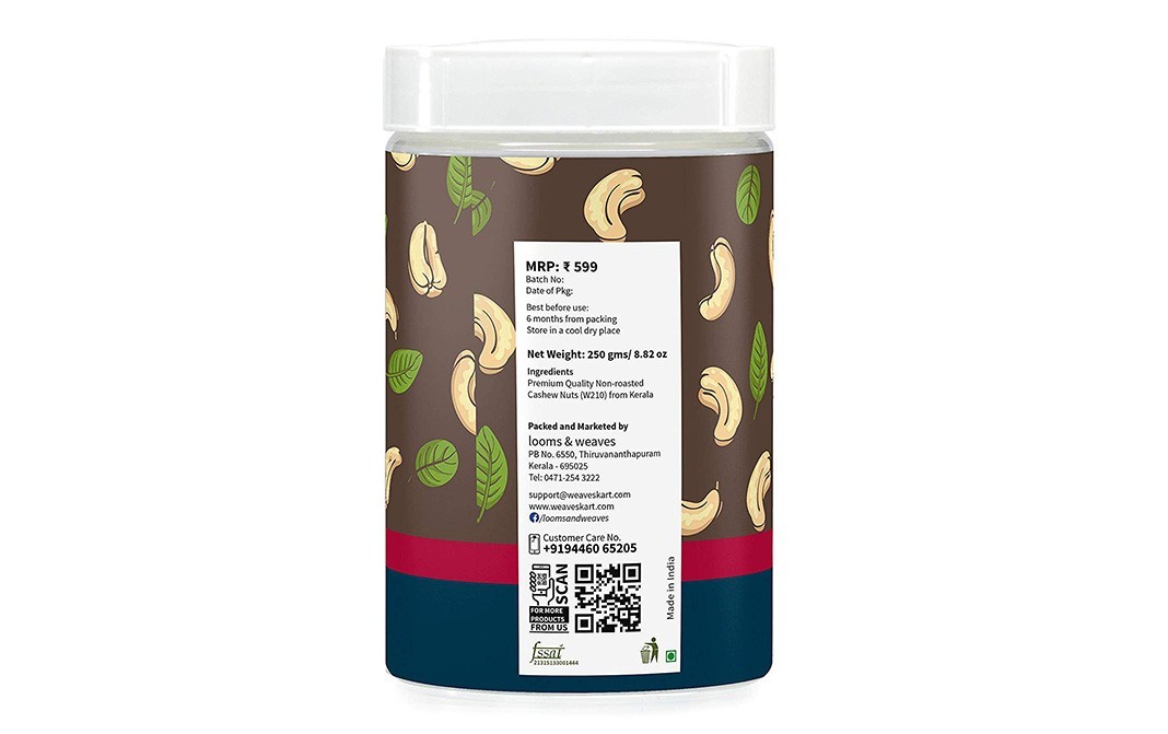 Looms & Weaves Kerala Cashew Nut, Salted & Roasted (W210)   Jar  250 grams